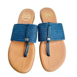 Andre Assous Navy Blue Raffia Leather Featherweight Sandals Size 8